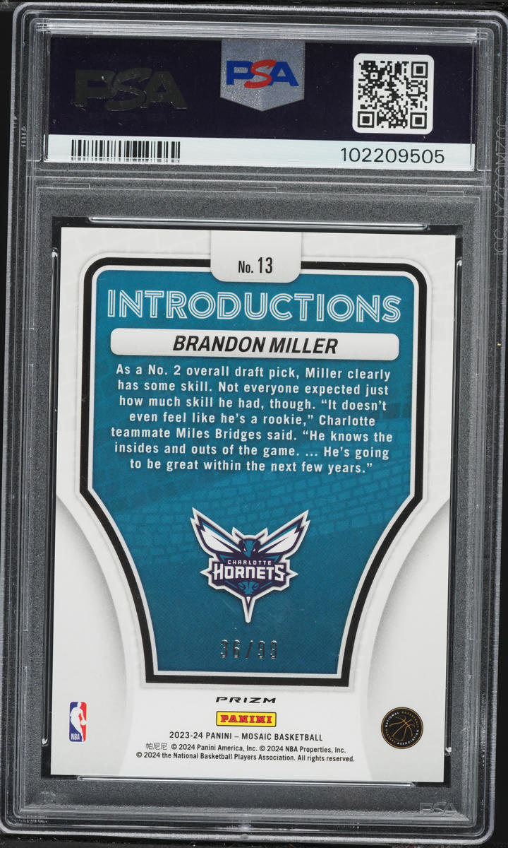 2023 Panini Mosaic Introductions Purple Brandon Miller ROOKIE /99 #13 PSA 10 GEM MINT