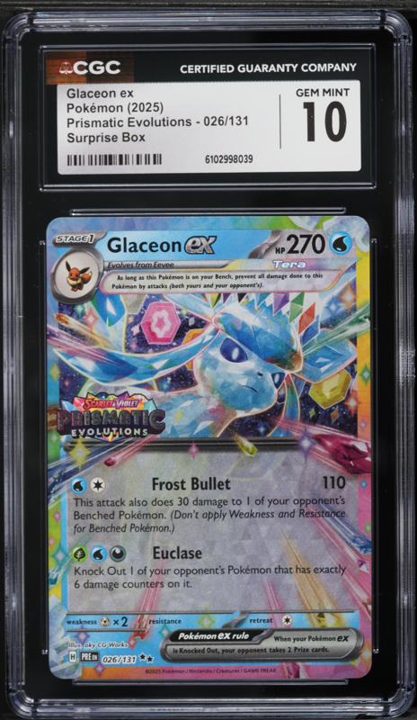 2025 Pokemon Scarlet & Violet Prismatic Evolutions Surprise Holo Glaceon EX #26 CGC 10 GEM MINT
