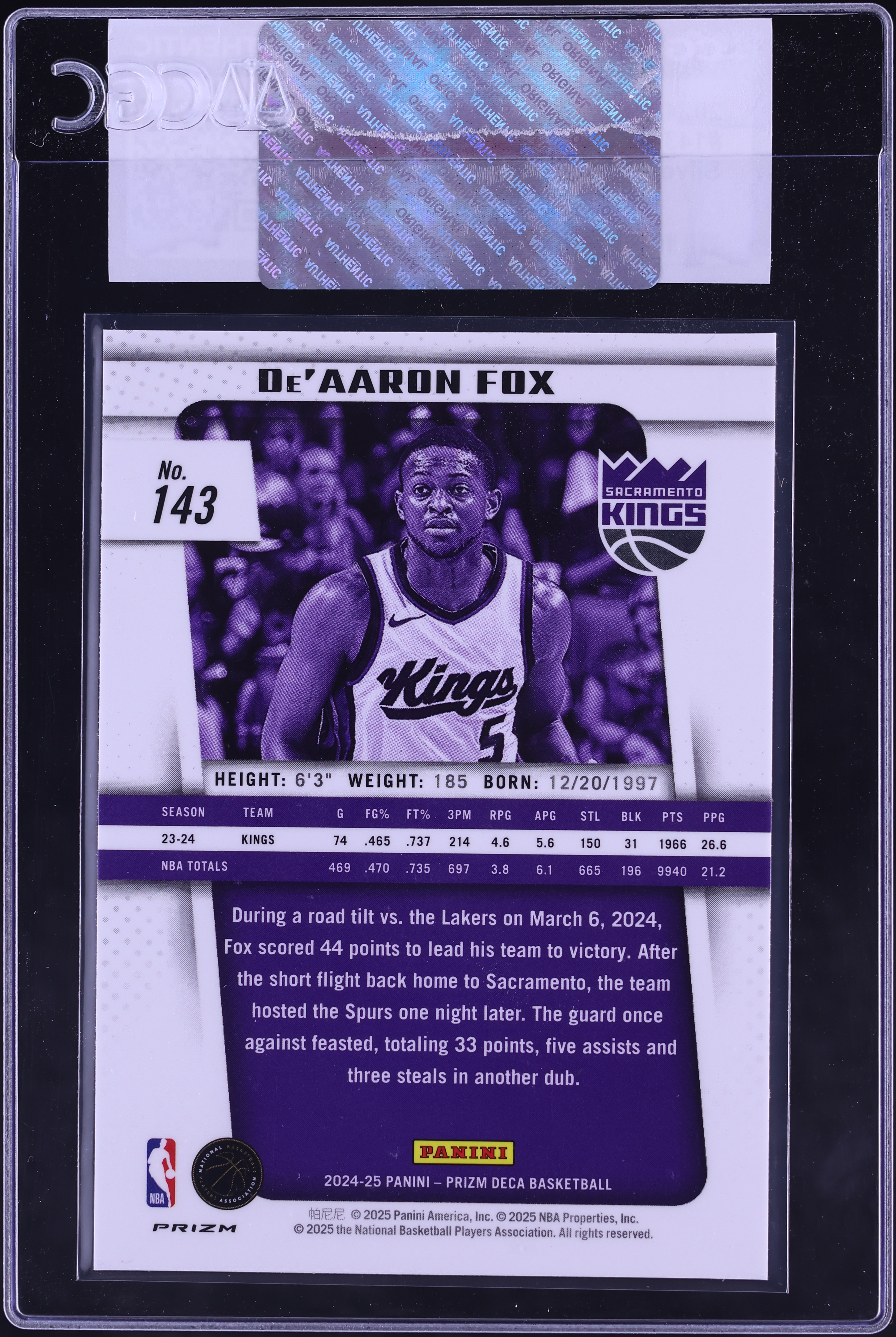 2024 Panini Prizm Deca Silver De'Aaron Fox #143 CGC AUTH on