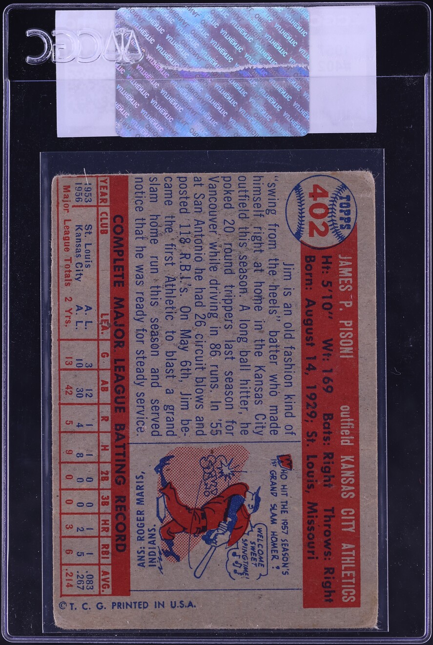 1957 Topps Jim Pisoni #402 CGC AUTH