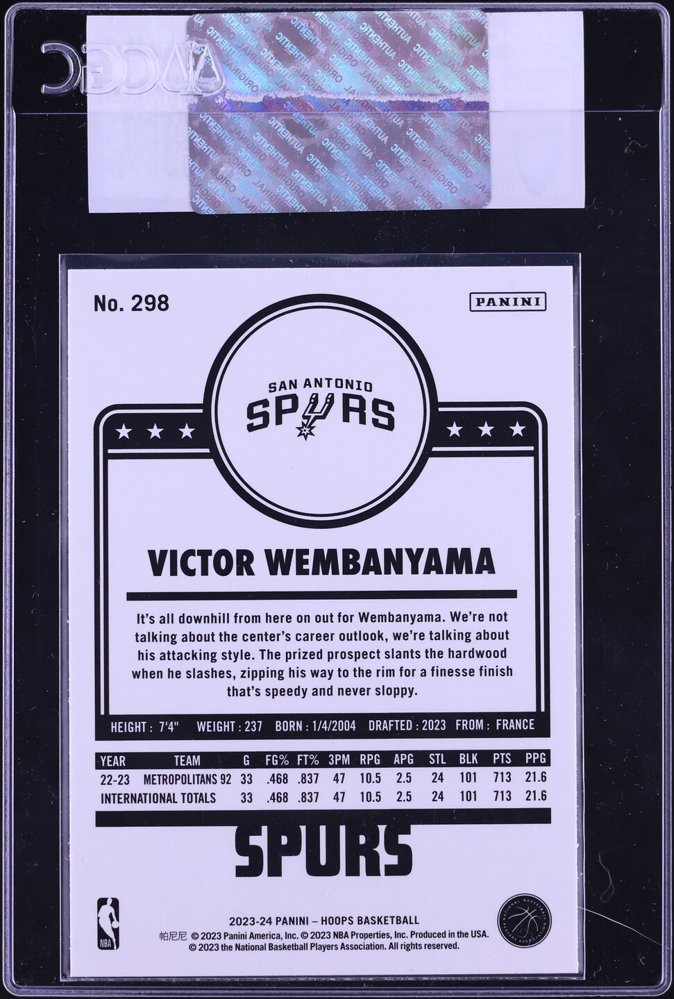2023 Hoops Winter Victor Wembanyama ROOKIE #298 CGC AUTH