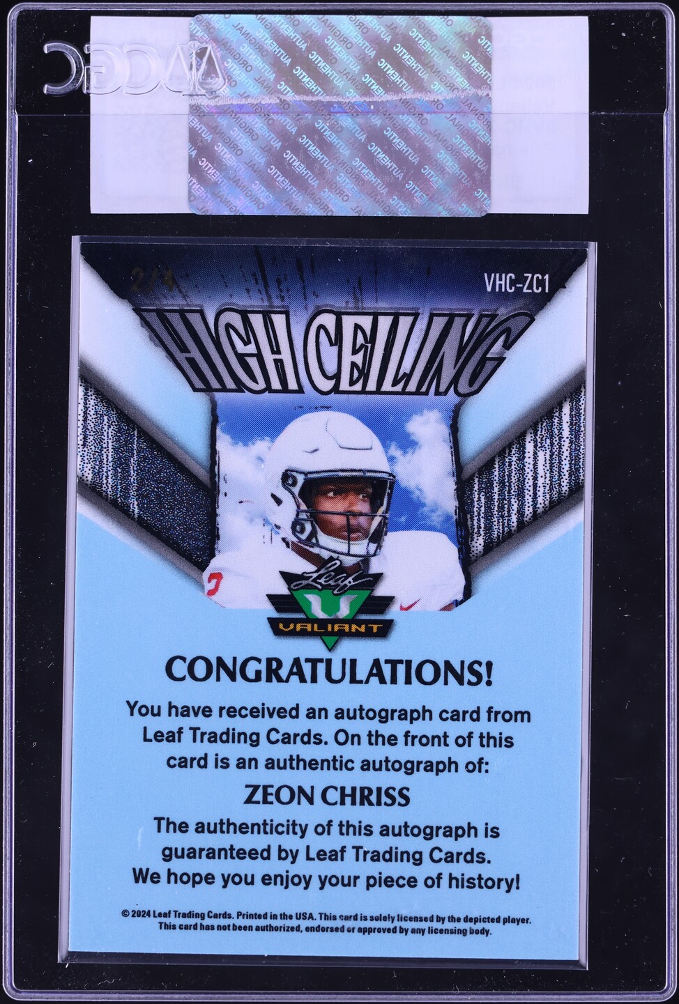 2024 Leaf Eclectic Valiant High Ceiling Prismatic Zebra Zeon Chriss ROOKIE AUTO /4 CGC AUTH