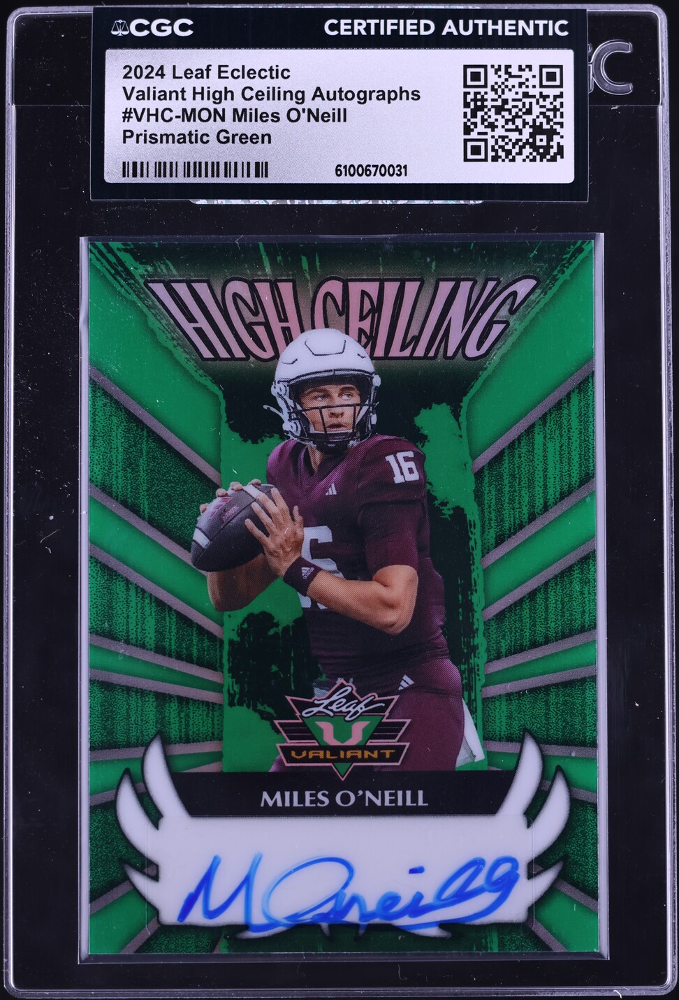 2024 Leaf Eclectic Valiant High Ceiling Prismatic Green Miles O'Neill ROOKIE AUTO /5 CGC AUTH