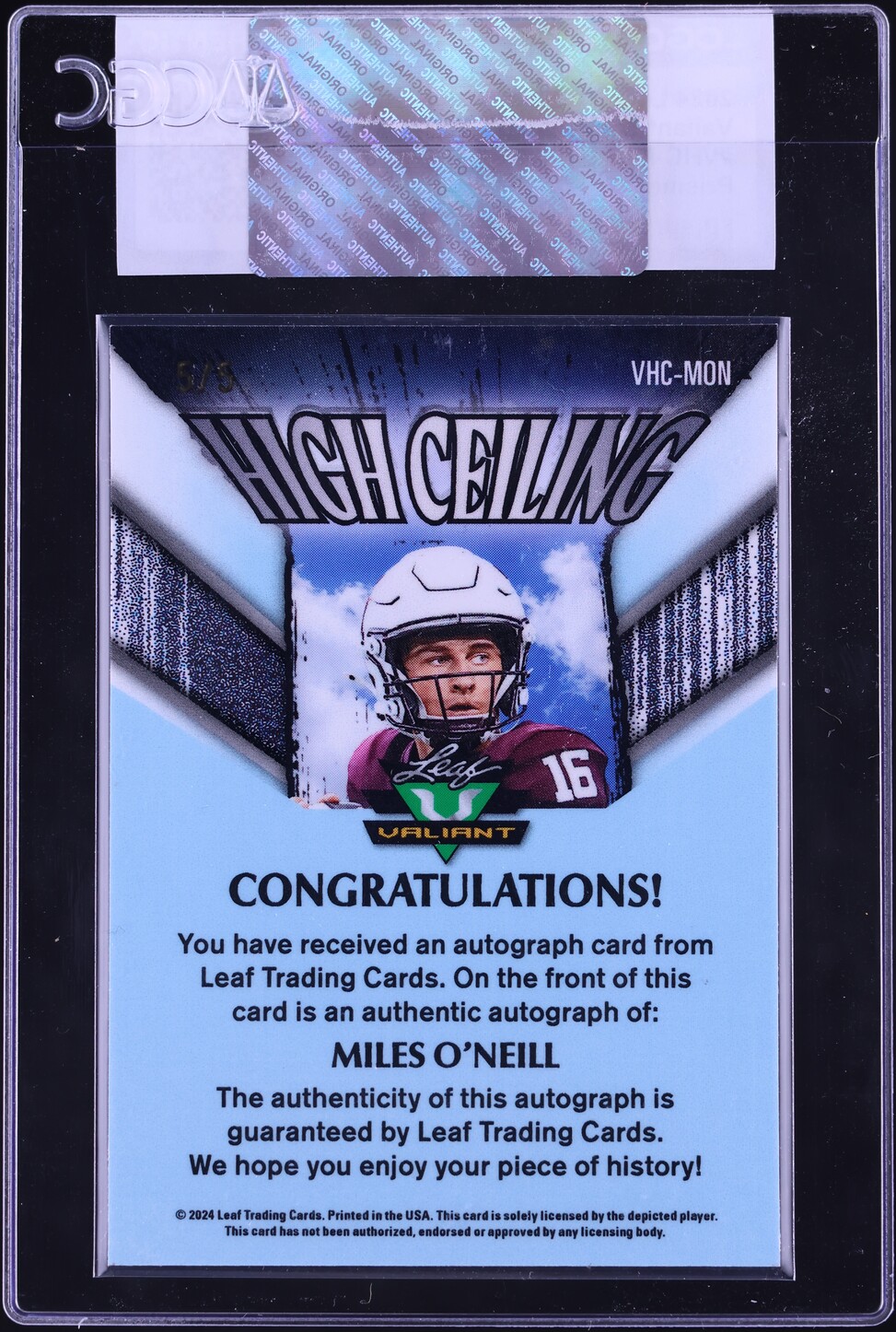 2024 Leaf Eclectic Valiant High Ceiling Prismatic Green Miles O'Neill ROOKIE AUTO /5 CGC AUTH