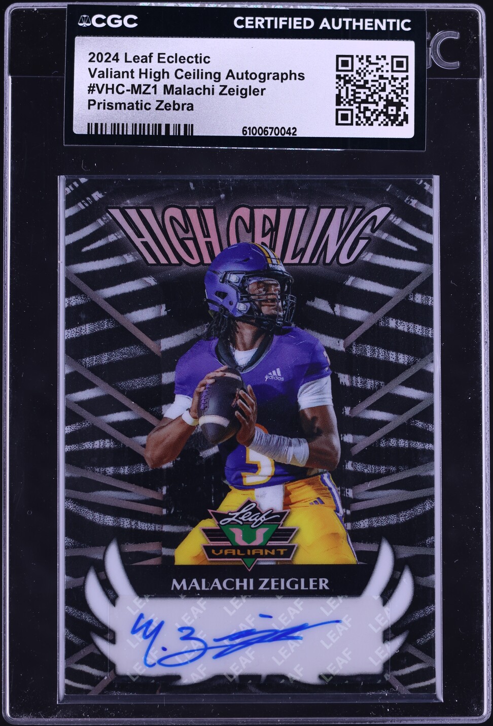 2024 Leaf Eclectic Valiant High Ceiling Prismatic Zebra Malachi Zeigler RC AUTO 4/4 CGC AUTH