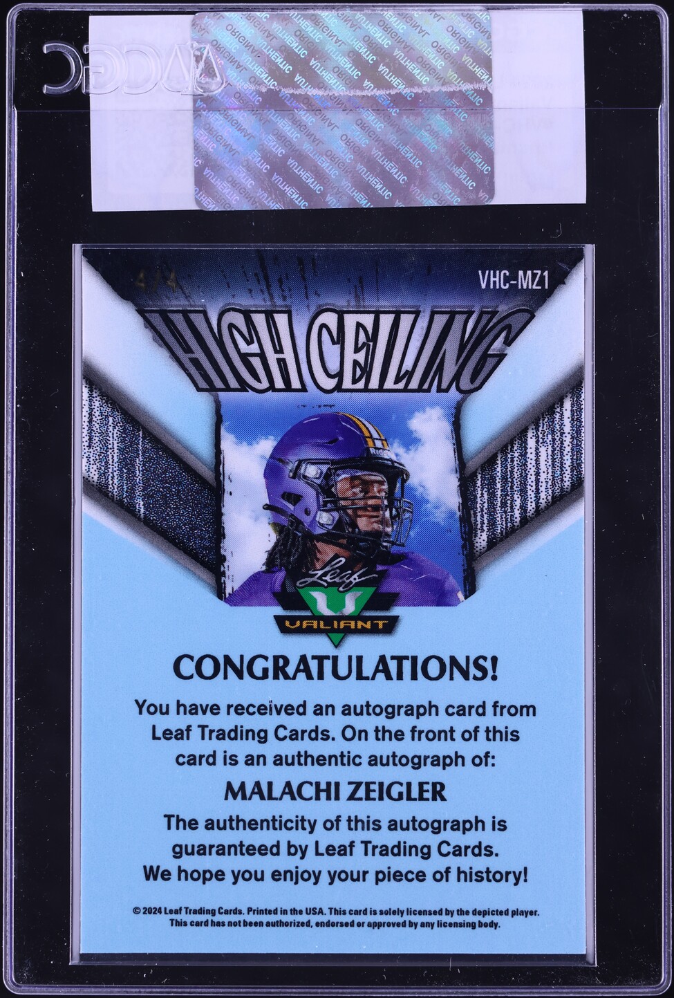 2024 Leaf Eclectic Valiant High Ceiling Prismatic Zebra Malachi Zeigler RC AUTO 4/4 CGC AUTH