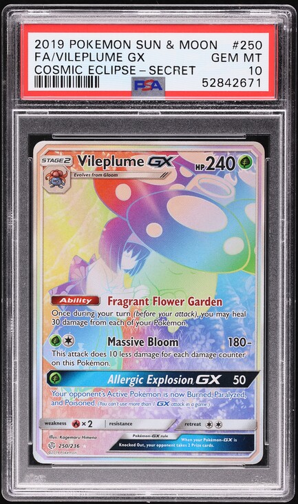 2019 Pokemon Sun & Moon Cosmic Eclipse Rainbow Rare Vileplume GX #250 PSA 10 GEM MINT