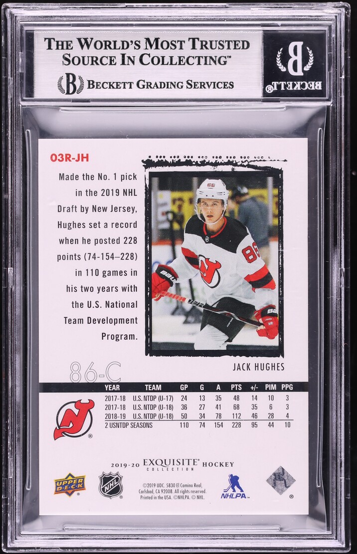 2019 Exquisite Collection '03-'04 Retro Jack Hughes ROOKIE /99 #03RJH BGS 8.5 NM-MT+