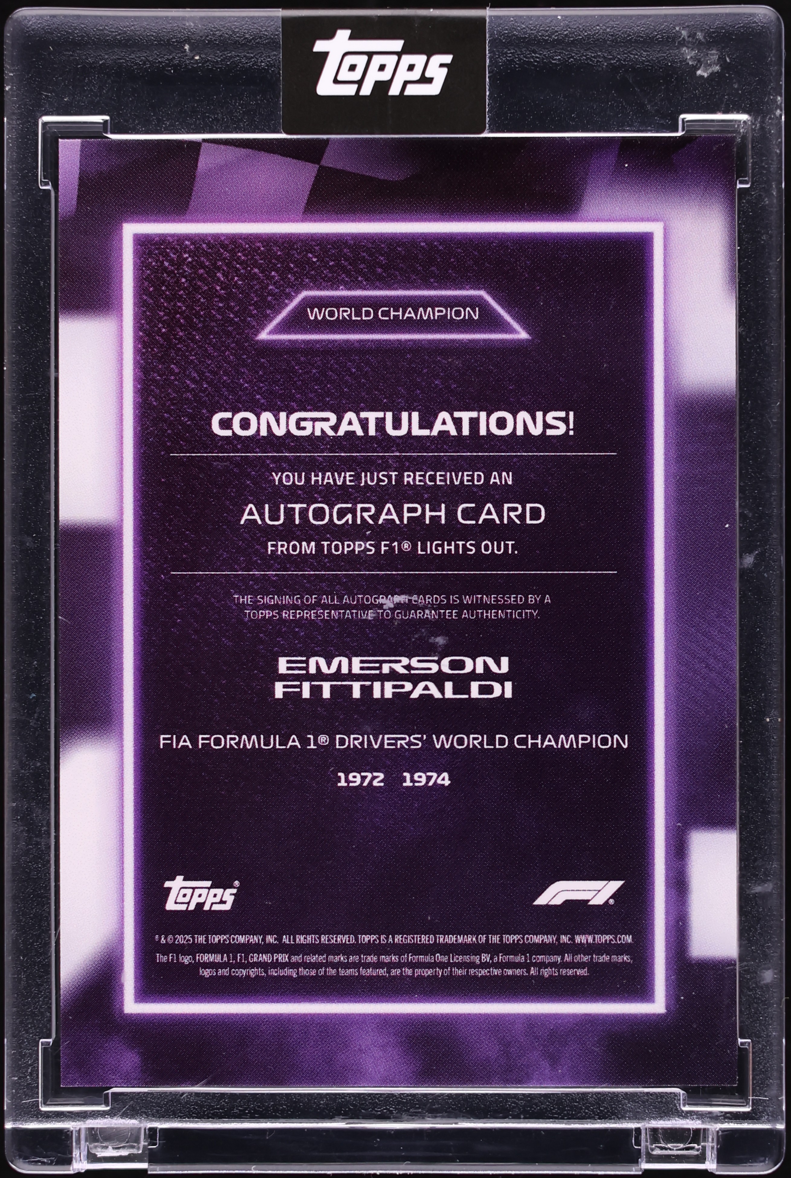 2025 Topps Formula 1 F1 Lights Out Purple Emerson Fittipaldi AUTO 