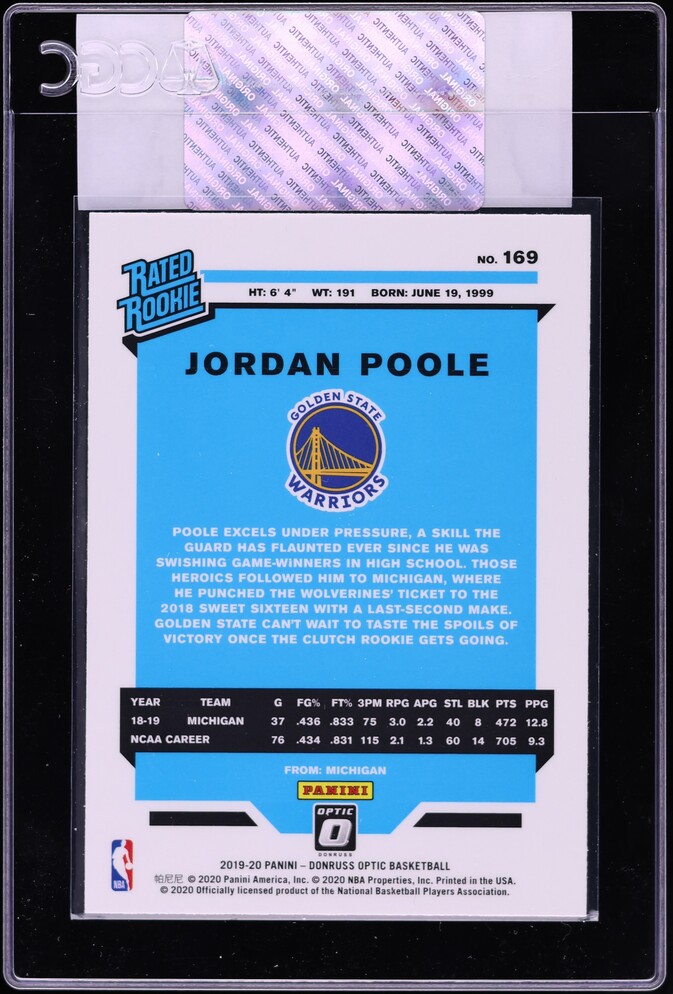 2019 Donruss Optic Jordan Poole ROOKIE #169 CGC AUTH