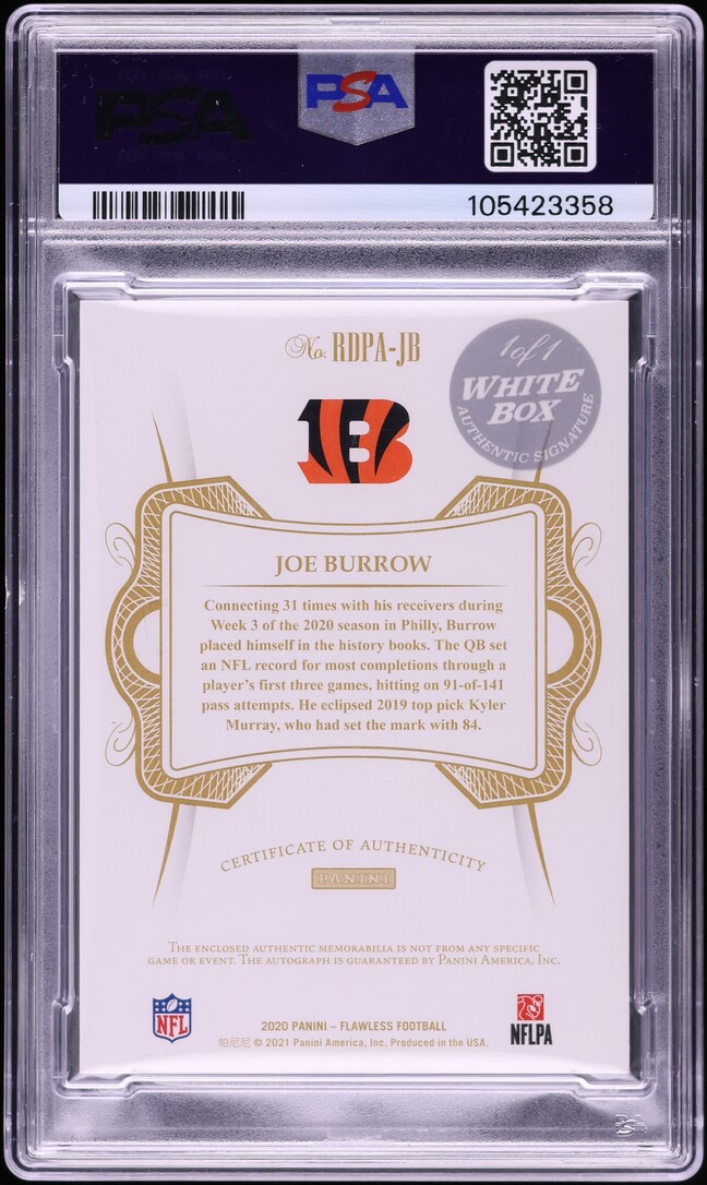 2020 Panini Flawless Emerald White Box Joe Burrow ROOKIE PATCH AUTO DNA 10 1/1 #RDPAJB PSA AUTH