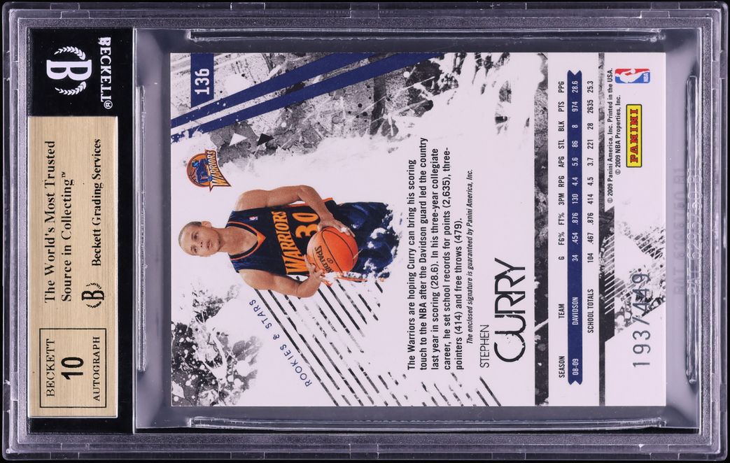 2009 Panini Rookies & Stars Stephen Curry ROOKIE PATCH AUTO /449 #136 BGS 9.5 GEM MINT