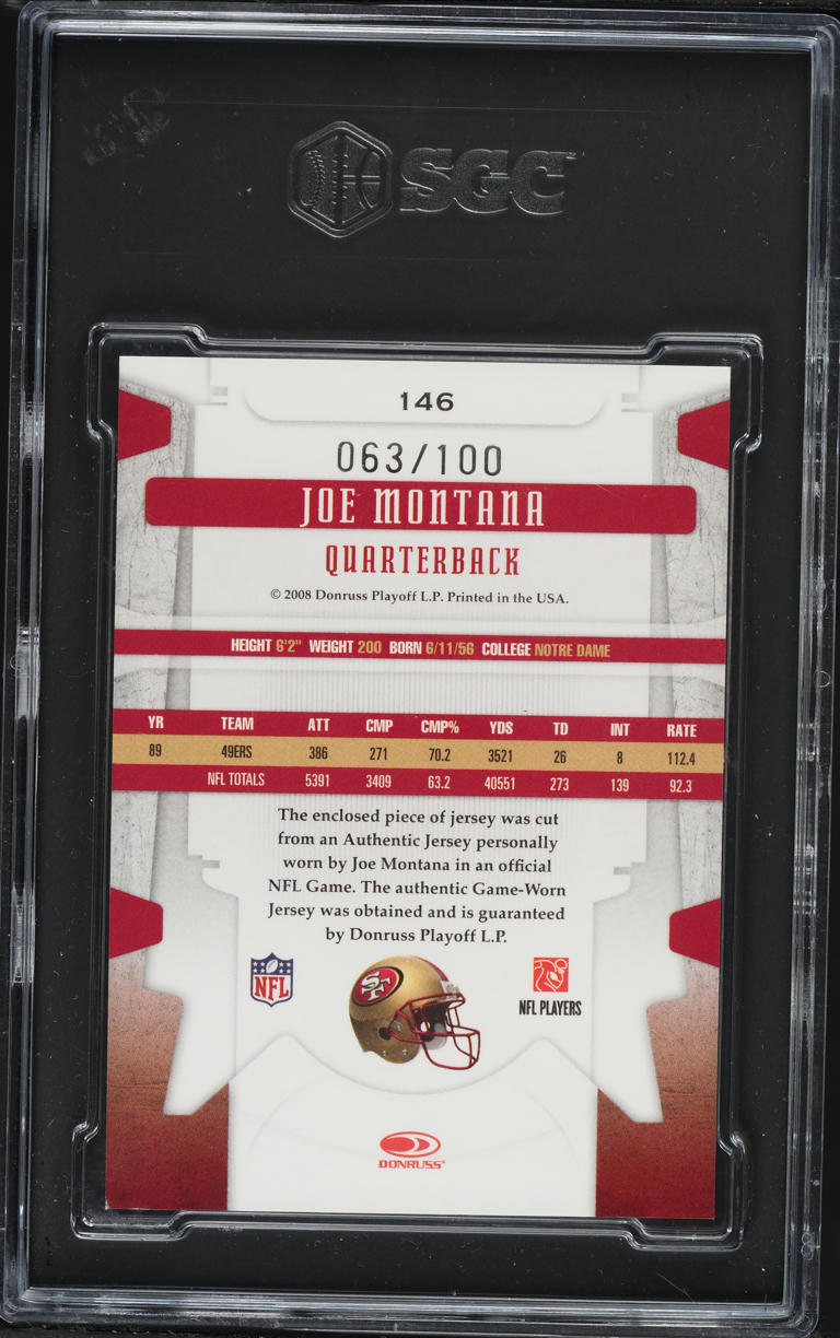 2008 Leaf Limited Material Joe Montana PATCH /100 #146 SGC 9 MINT