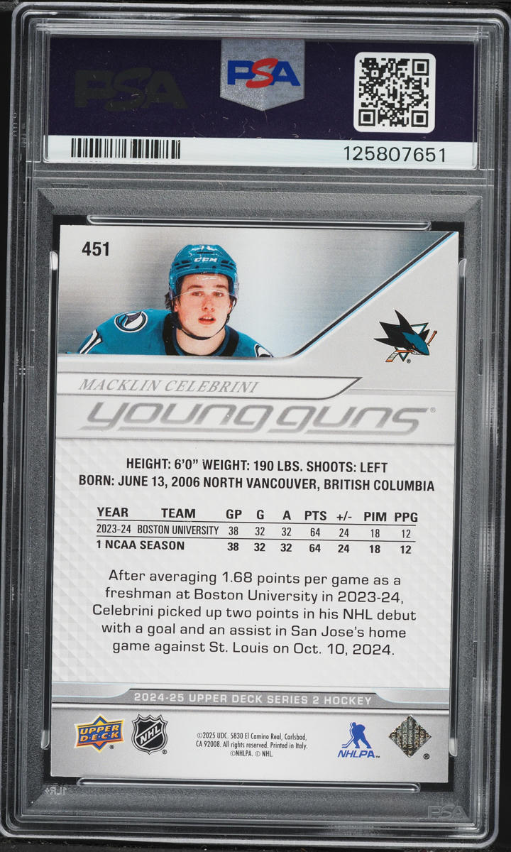 2024 Upper Deck Young Guns Macklin Celebrini ROOKIE #451 PSA 10 GEM MINT