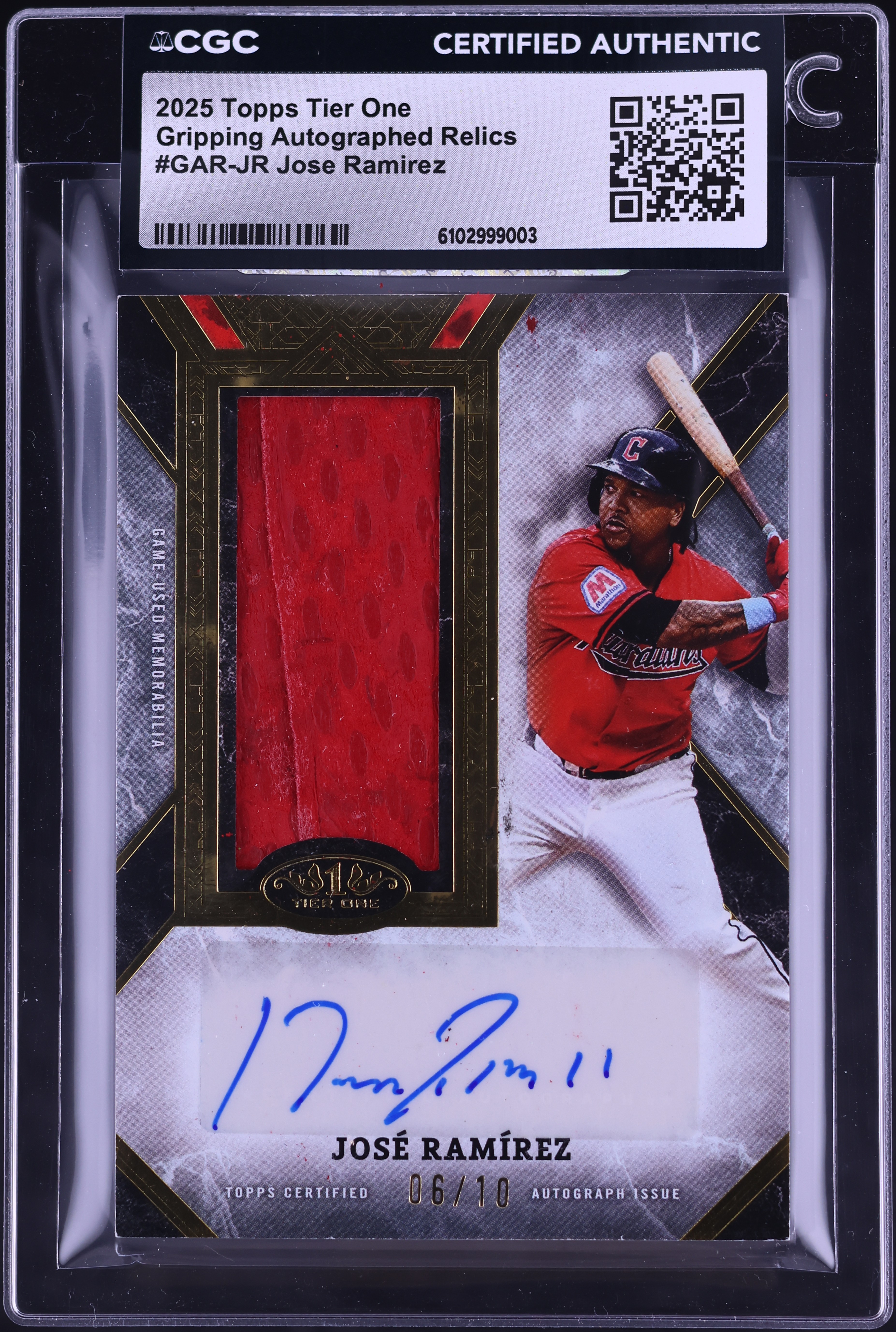 2025 Topps Tier One Gripping Jose Ramirez PATCH AUTO /10 #GAR-JR 