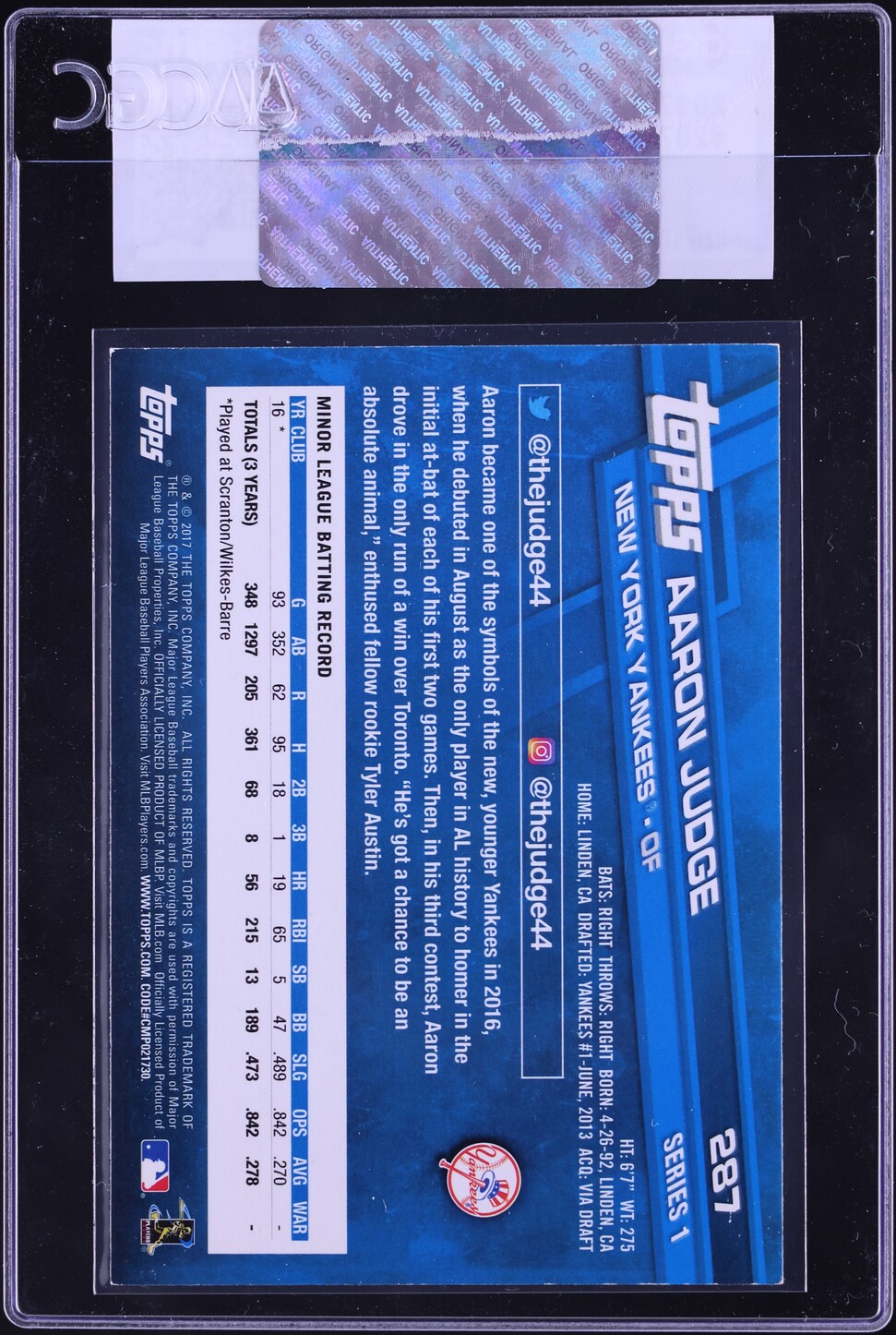 2017 Topps Aaron Judge ROOKIE #287 CGC AUTH