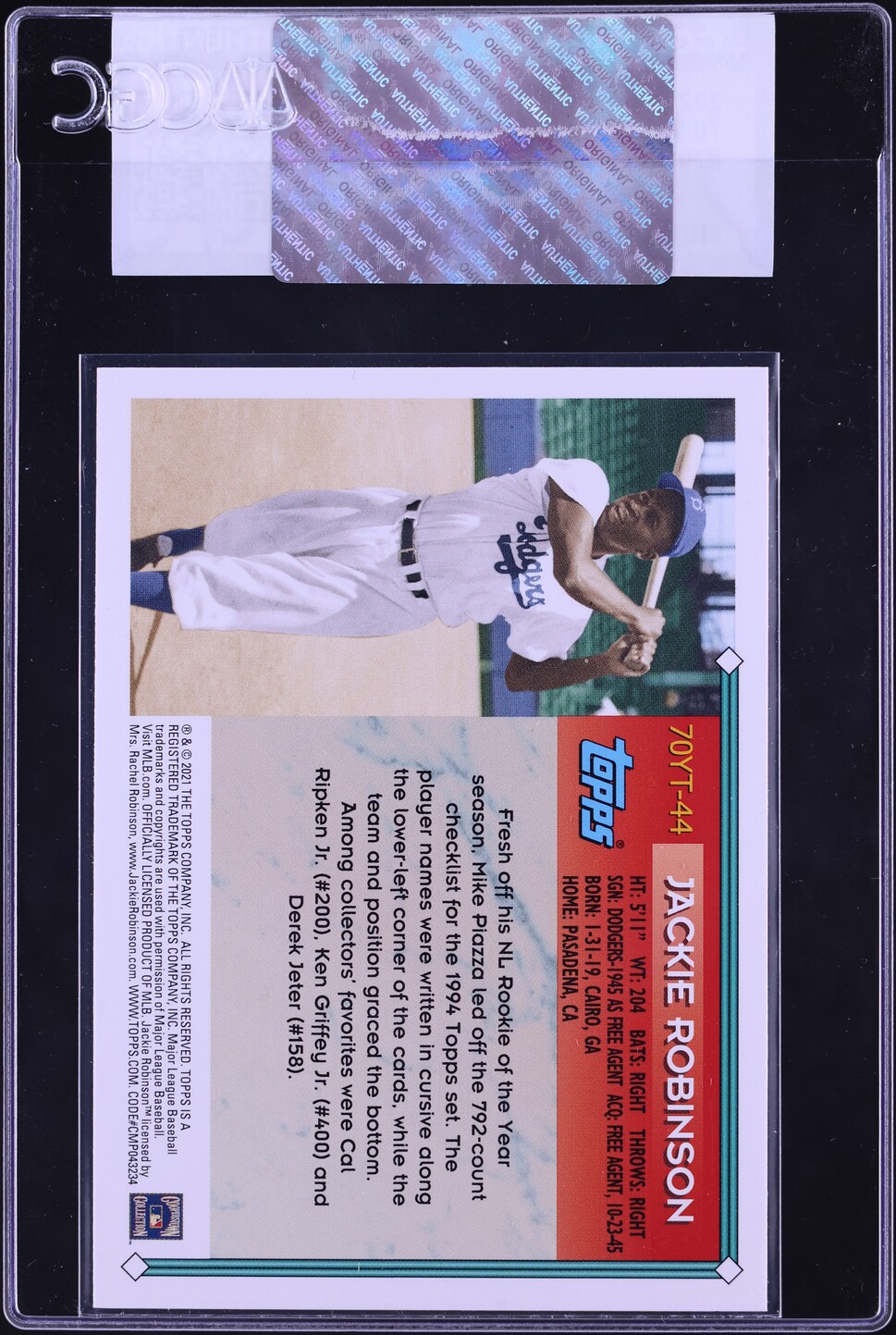 2021 Topps 70 Years Jackie Robinson #70YT-44 CGC AUTH