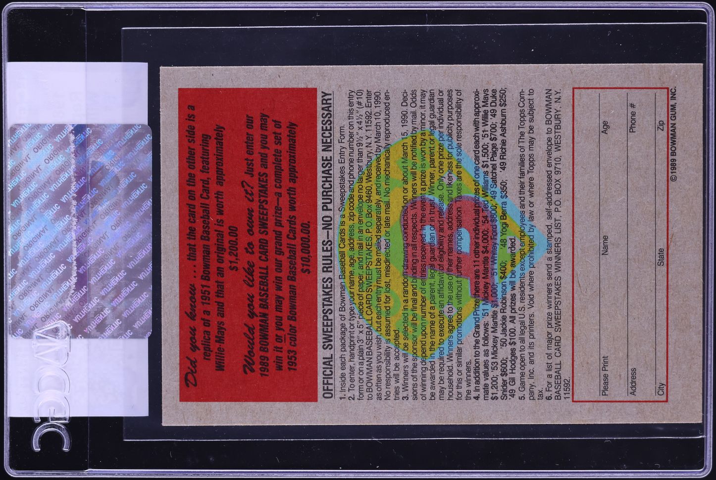 1989 Bowman Reprint Sweepstakes '51 Willie Mays CGC AUTH