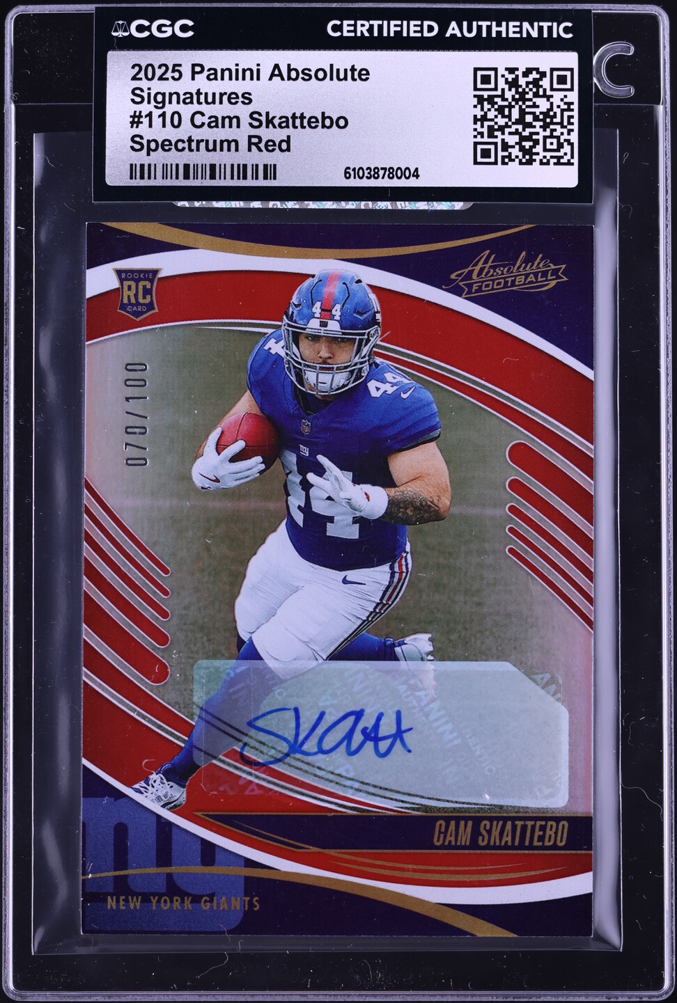 2025 Absolute Spectrum Red Cam Skattebo ROOKIE AUTO /100 #110 CGC AUTH