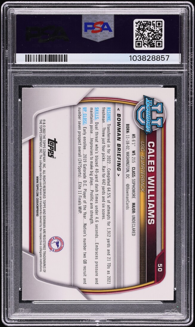 2022 Bowman Chrome University Pink Refractor Caleb Williams ROOKIE #50 PSA 10 GEM MINT
