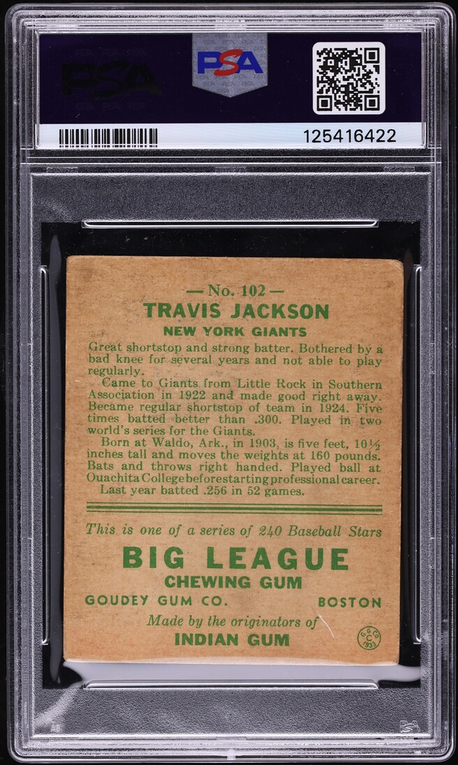 1933 Goudey Travis C Jackson #102 PSA 1.5 FR
