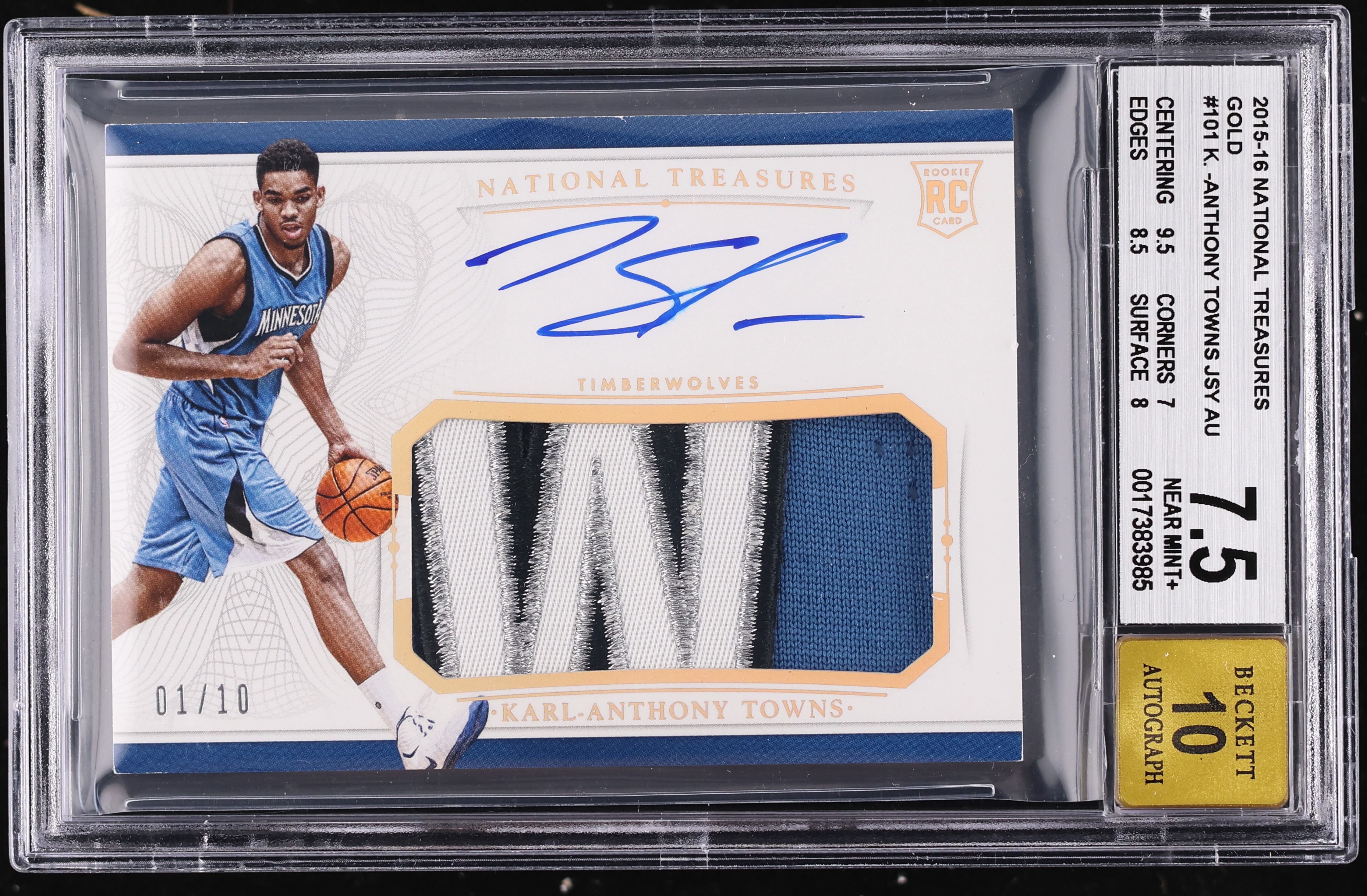 2015 National Treasures Gold Karl-Anthony Towns ROOKIE PATCH AUTO
