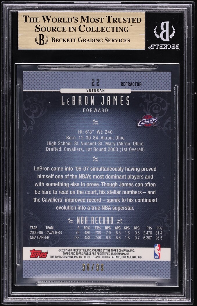 2006 Finest Black Refractor LeBron James /99 #22 BGS 9.5 GEM MINT