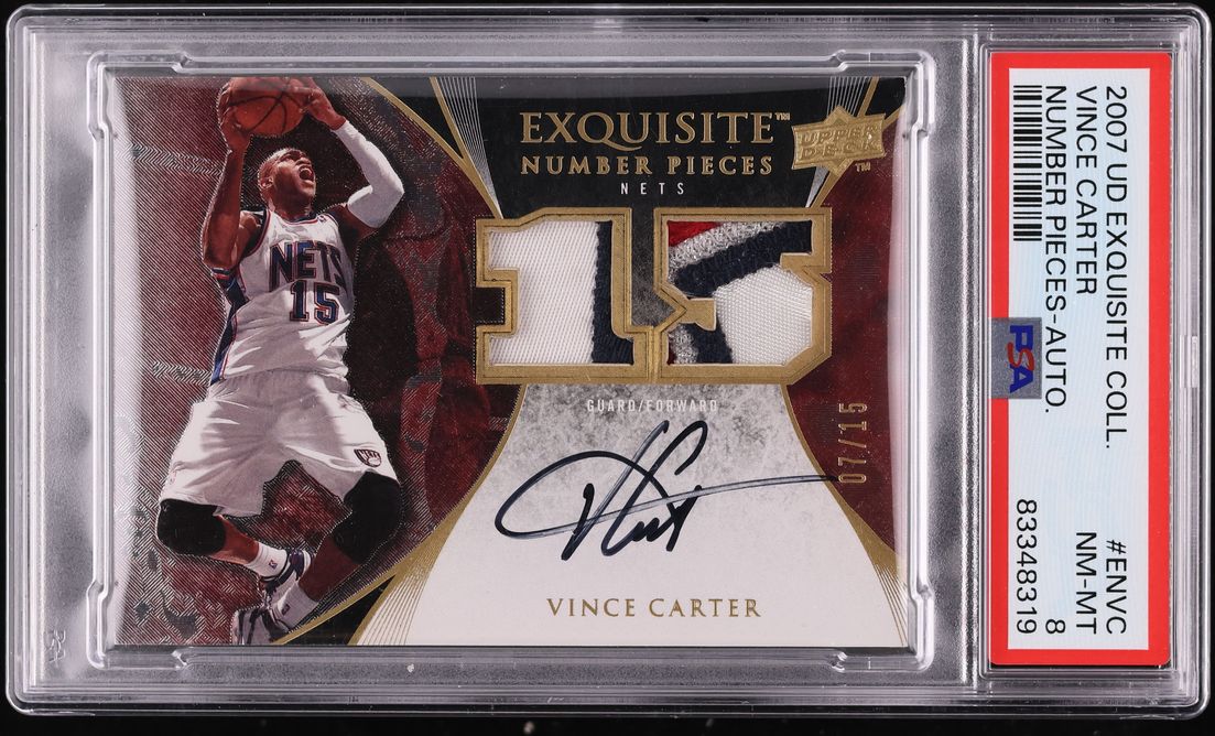 2007 Exquisite Collection Number Pieces Vince Carter PATCH AUTO /15 #EN-VC PSA 8 NM-MT