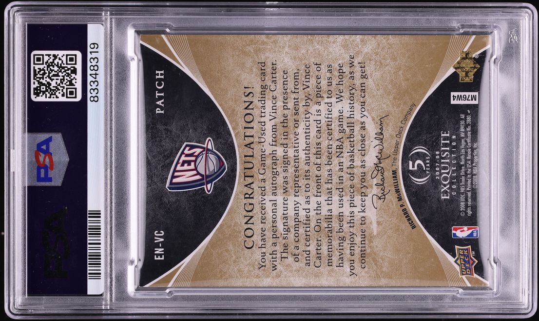 2007 Exquisite Collection Number Pieces Vince Carter PATCH AUTO /15 #EN-VC PSA 8 NM-MT