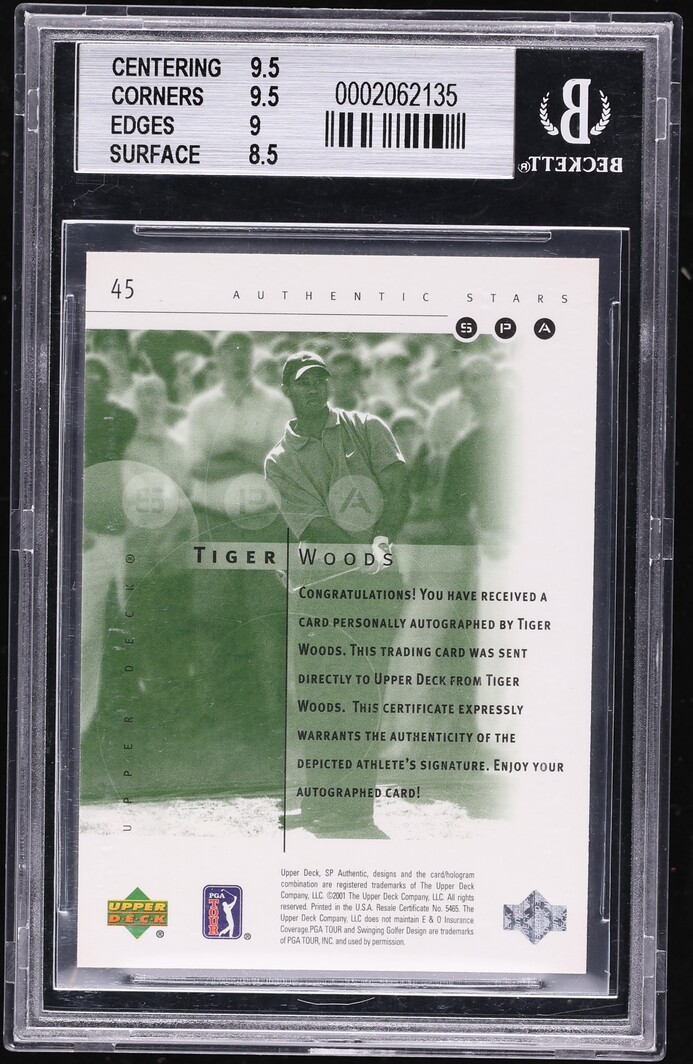 2001 SP Authentic Tiger Woods ROOKIE AUTO /900 #45 BGS 9 MINT