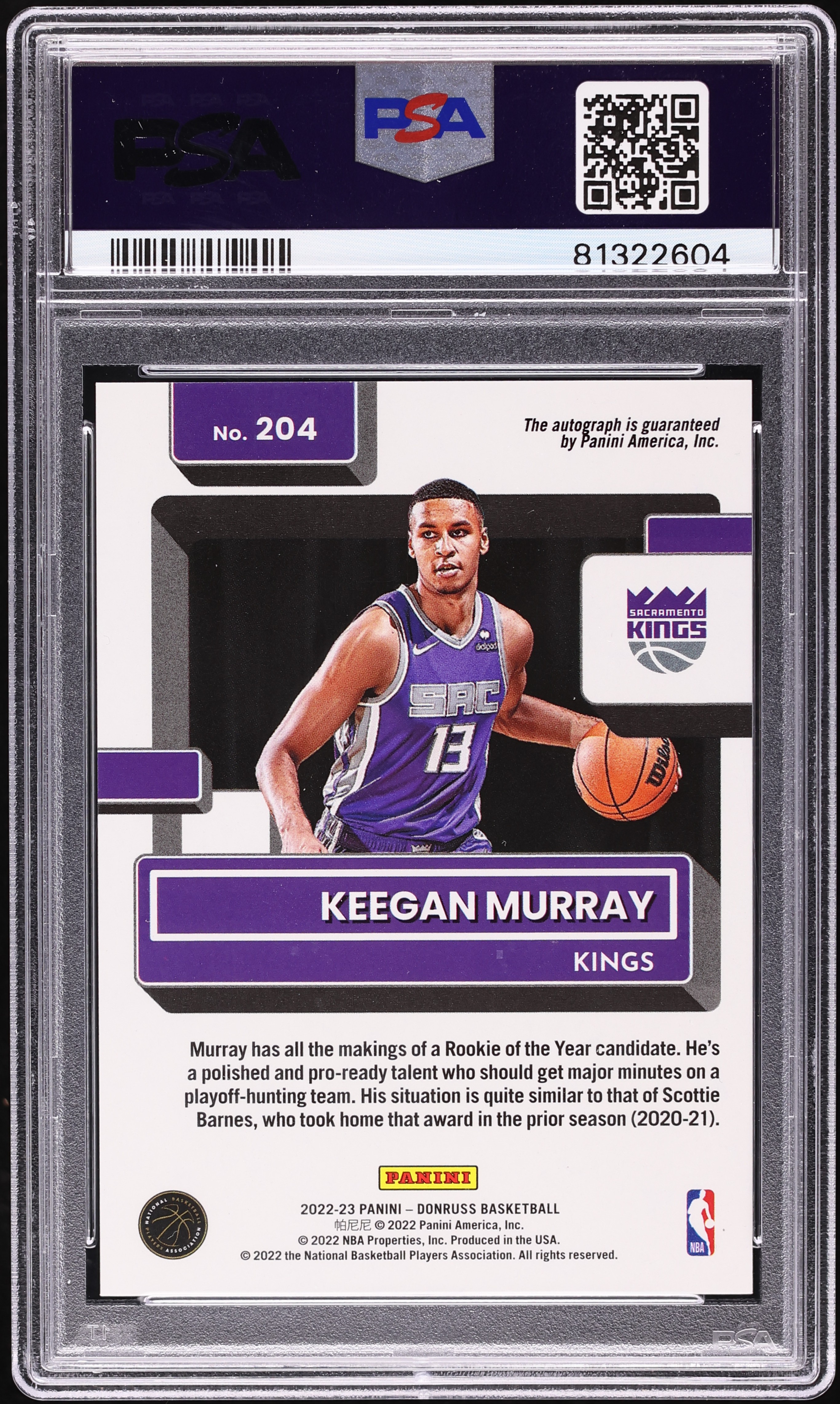 2022 Donruss Choice Keegan Murray ROOKIE AUTO #204 PSA 10 GEM MINT