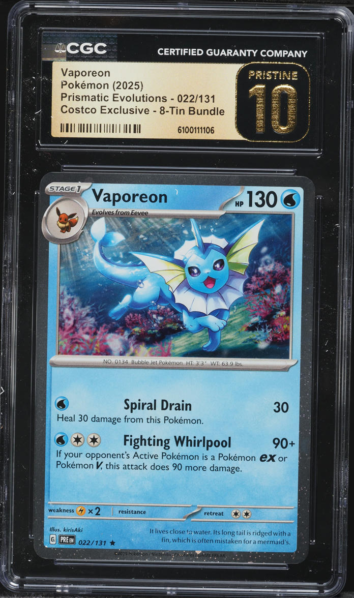 2025 Pokemon Prismatic Evolutions Costco Exclusive 8-Tin Bundle Vaporeon #022 CGC 10 PRISTINE