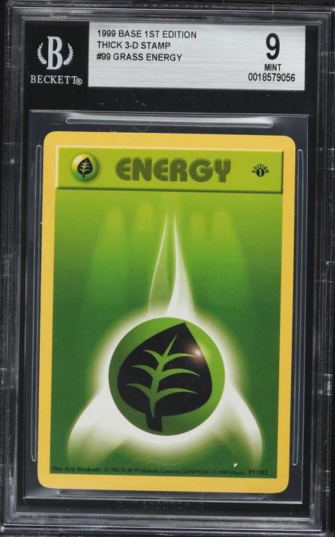 1999 Pokemon Base Set Shadowless 1st Edition 3D Thick Stamp Grass Energy #99 BGS 9 MINT