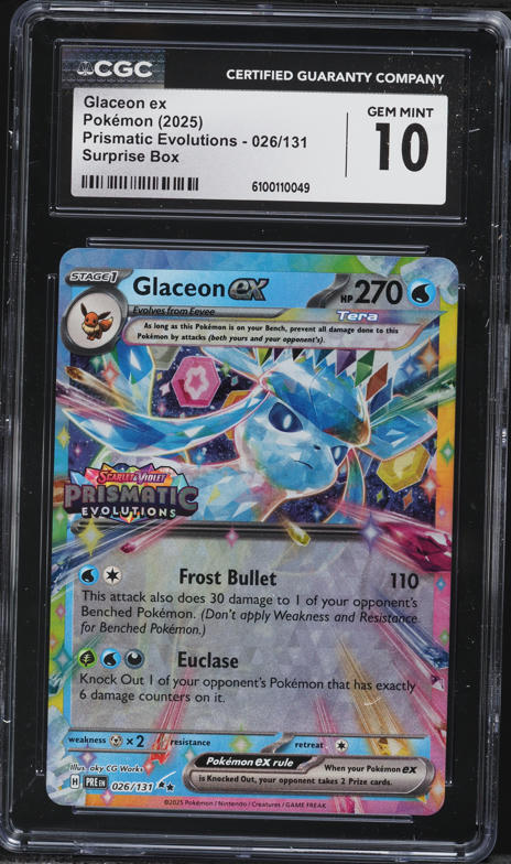 2025 Pokemon Scarlet & Violet Prismatic Evolutions Surprise Holo Glaceon EX #26 CGC 10 GEM MINT