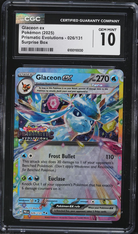 2025 Pokemon Scarlet & Violet Prismatic Evolutions Surprise Holo Glaceon EX #26 CGC 10 GEM MINT