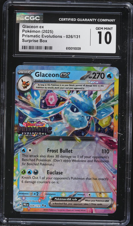 2025 Pokemon Scarlet & Violet Prismatic Evolutions Surprise Holo Glaceon EX #26 CGC 10 GEM MINT