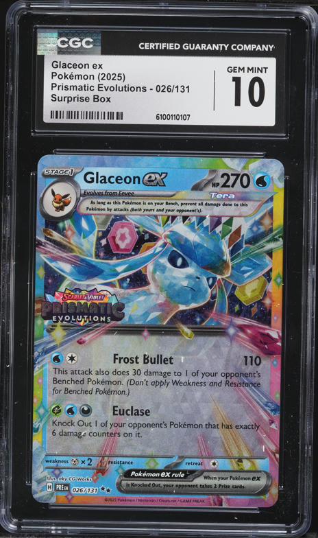 2025 Pokemon Scarlet & Violet Prismatic Evolutions Surprise Holo Glaceon EX #26 CGC 10 GEM MINT