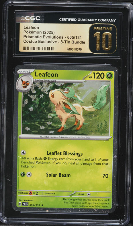 2025 Pokemon SV Prismatic Evolutions Costco Exclusive 8-Tin Bundle Leafeon #005 CGC 10 PRISTINE on Fanatics Collect 2025 Pokemon SV Prismatic Evolutions Costco Exclusive 8-Tin Bundle Leafeon #005 CGC 10 PRISTINE on Fanatics Collect
