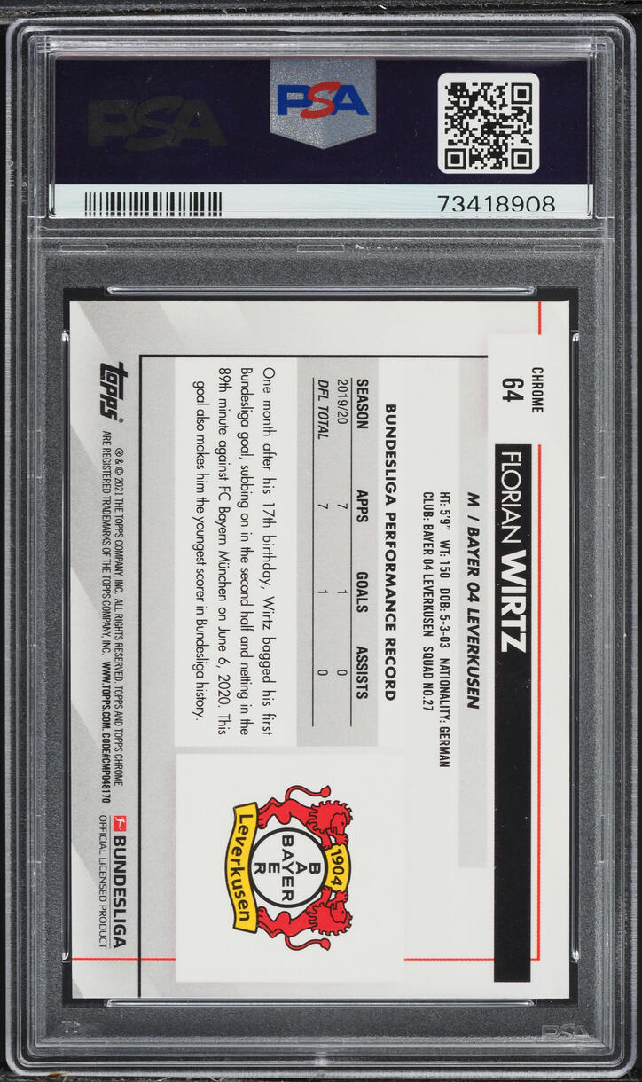 2020 Topps Chrome Bundesliga Sapphire Florian Wirtz ROOKIE #64 PSA 10 GEM MINT