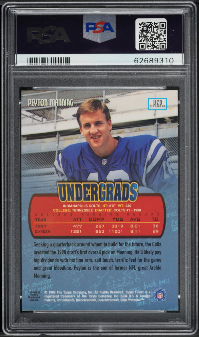 1998 Finest Undergrads Refractor w/ Coating Peyton Manning ROOKIE #U20 PSA 9