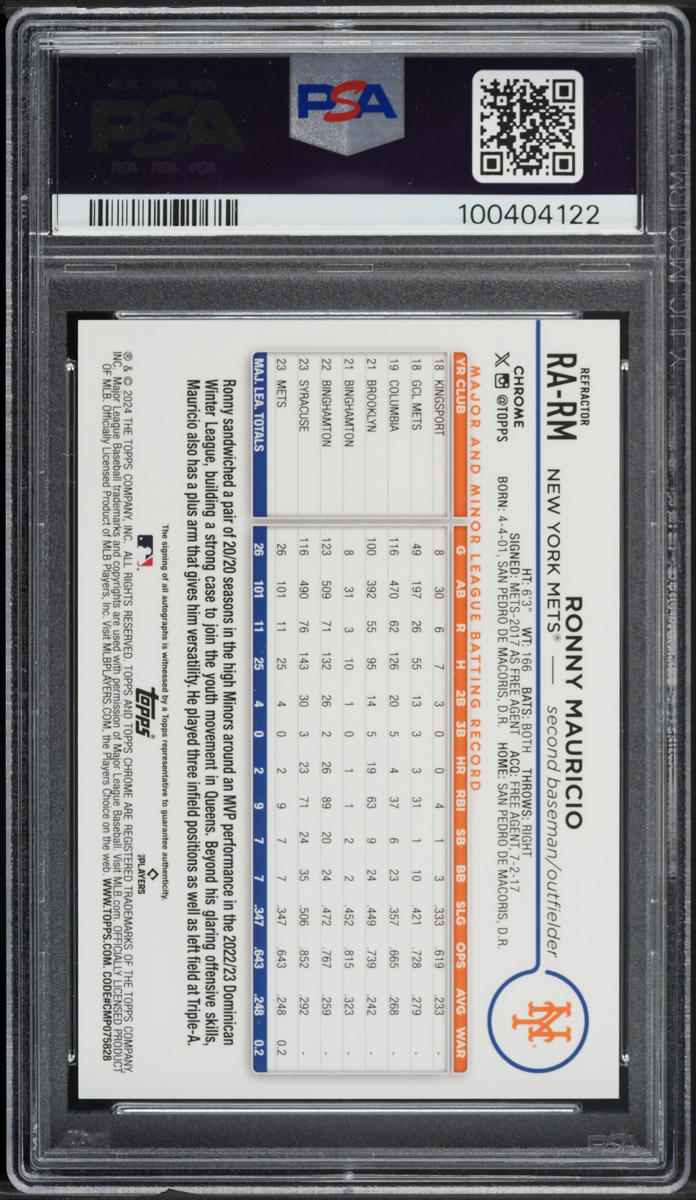 2024 Topps Chrome Refractor Ronny Mauricio ROOKIE AUTO /499 #RARM PSA 9 MINT