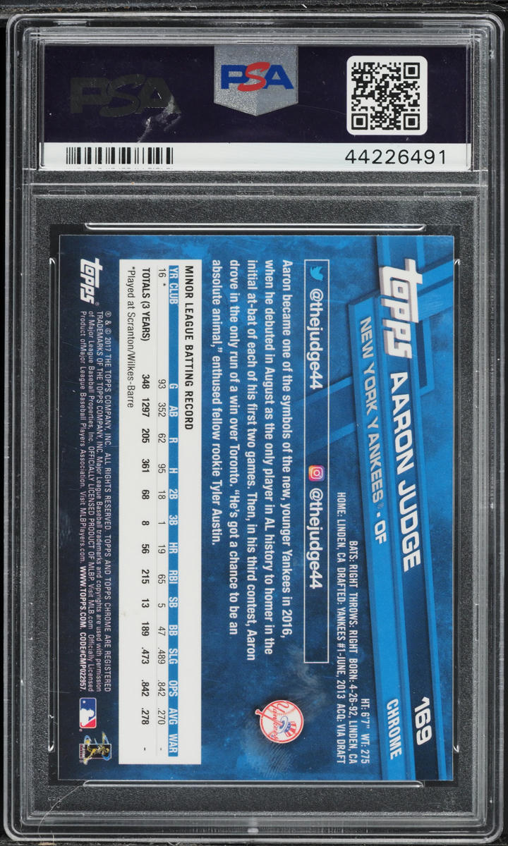 2017 Topps Chrome Variation Aaron Judge ROOKIE #169 PSA 10 GEM MINT