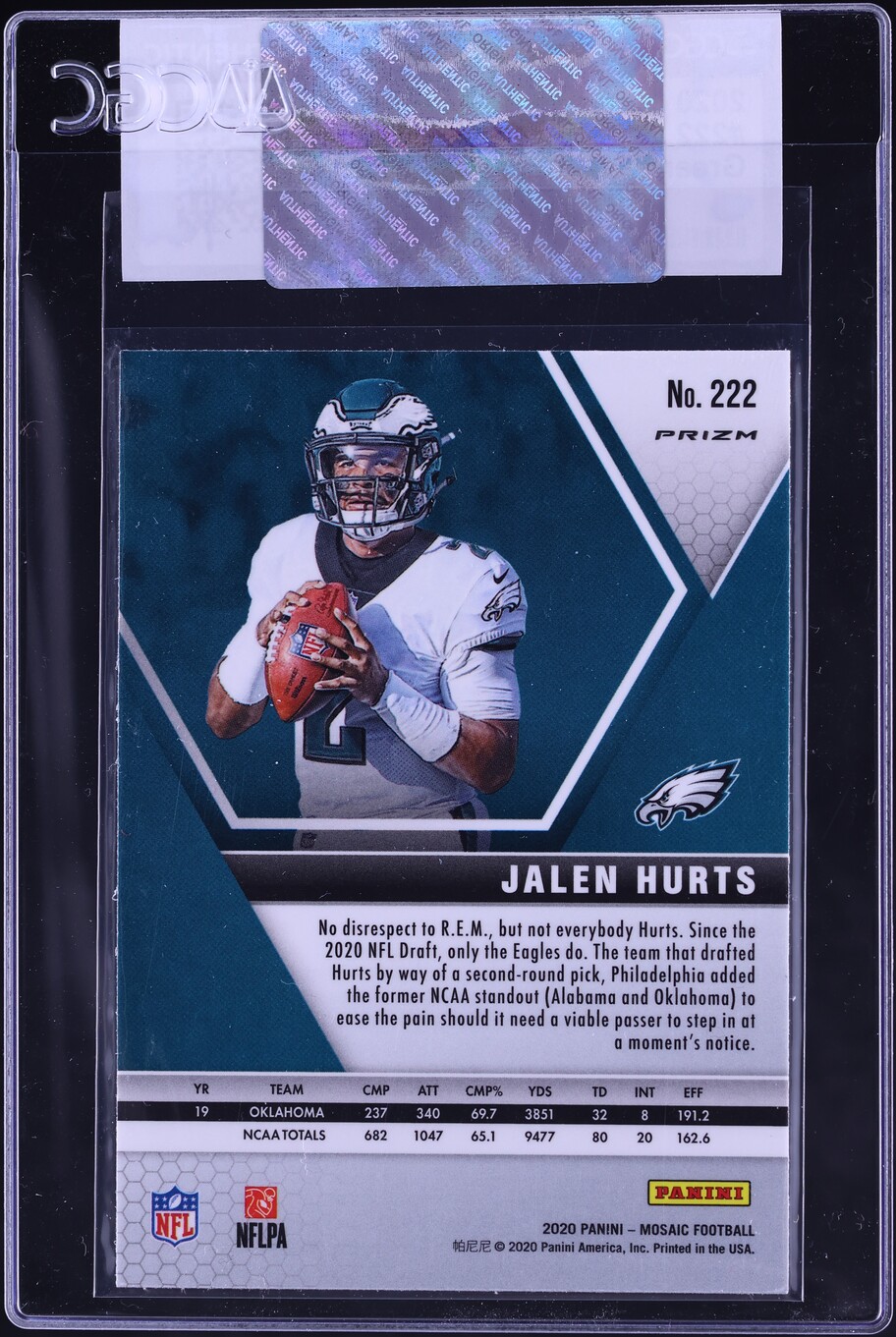 2020 Panini Mosaic Green Prizm Jalen Hurts ROOKIE #222 CGC AUTH