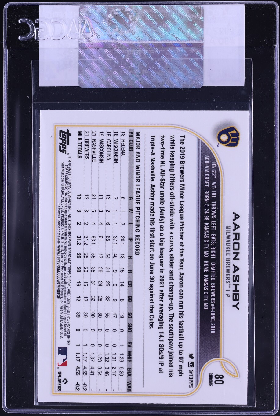 2022 Topps Chrome Aaron Ashby ROOKIE #80 CGC AUTH