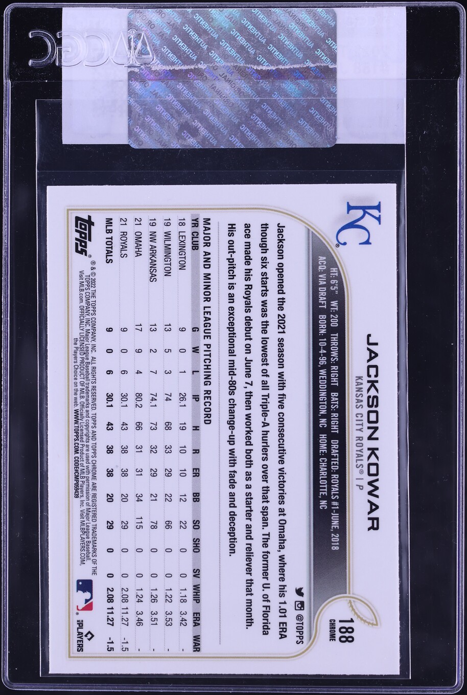 2022 Topps Chrome Jackson Kowar ROOKIE #188 CGC AUTH