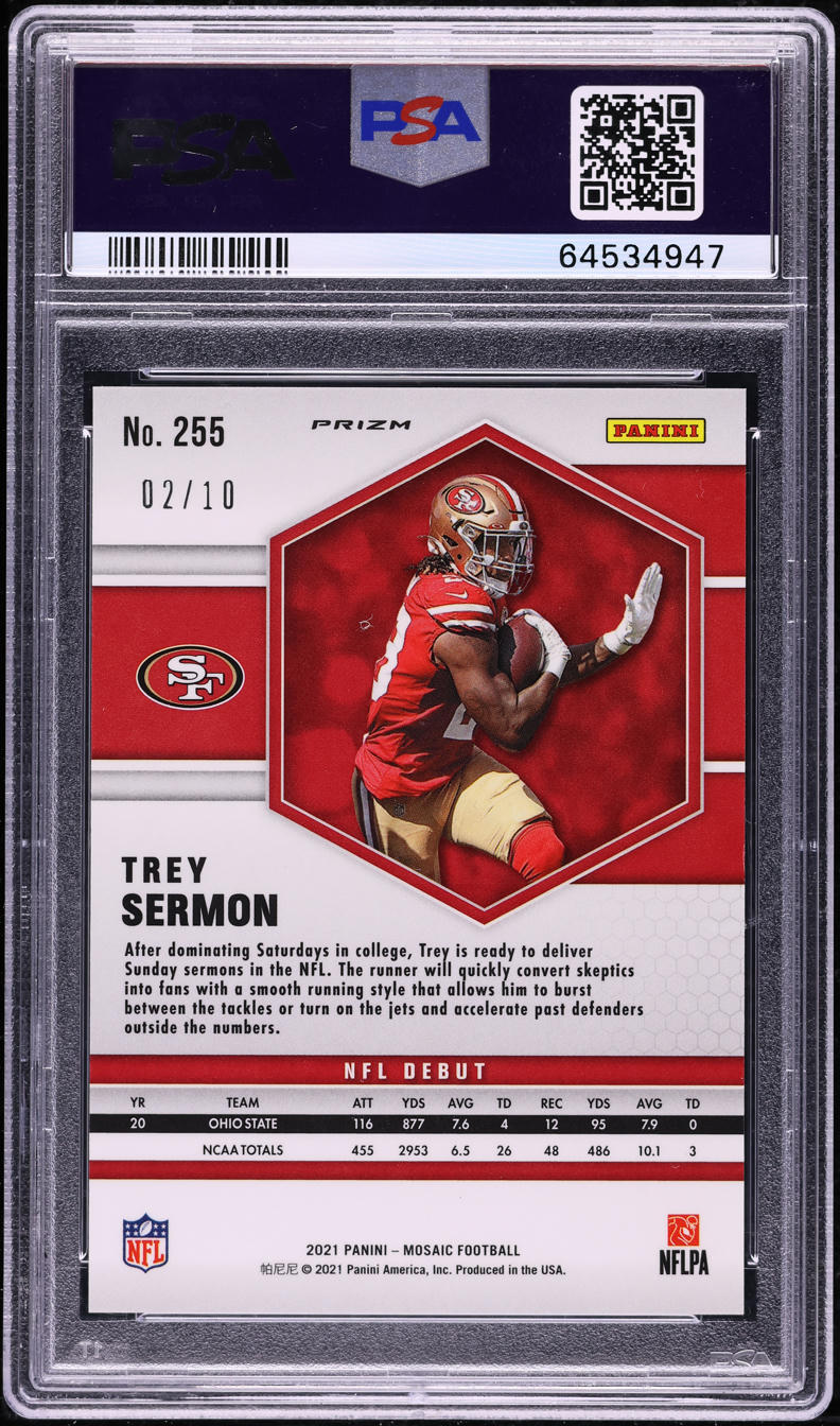 2021 Panini Mosaic Gold Trey Sermon ROOKIE /10 #255 PSA 10 GEM MINT
