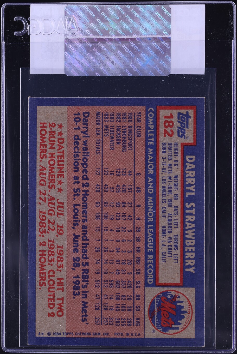 1984 Topps Darryl Strawberry ROOKIE #182 CGC AUTH
