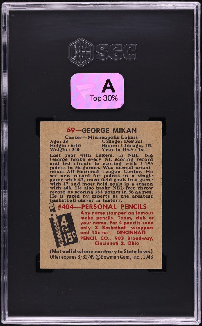 1948 Bowman Basketball George Mikan ROOKIE #69 SGC 8 NM-MT