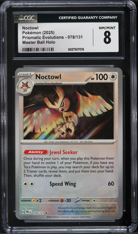 2025 Pokemon SV Prismatic Evolutions Master Ball Holo Noctowl #78 CGC 8 NM-MT