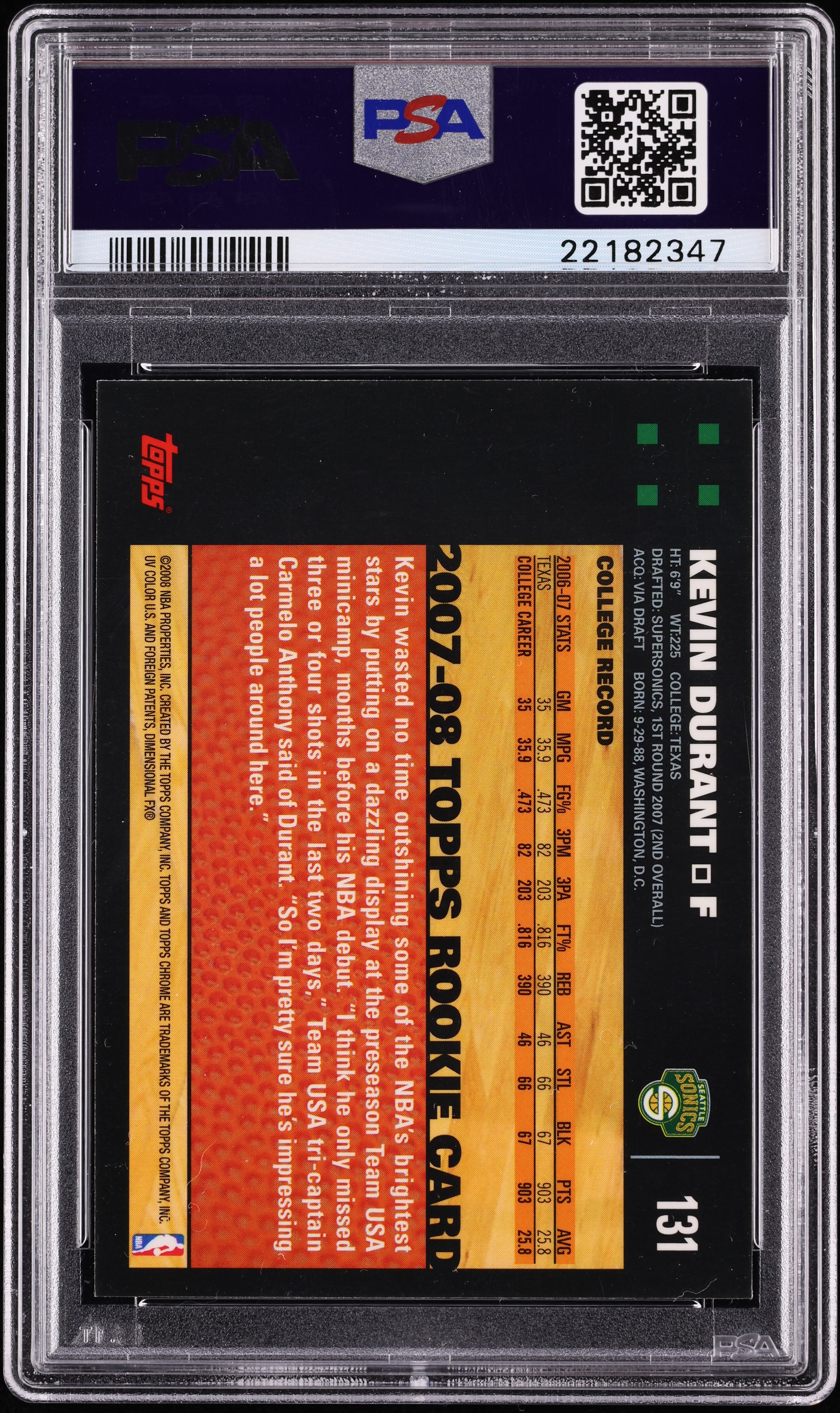 2007 Topps Chrome Kevin Durant ROOKIE #131 PSA 10 GEM MINT on